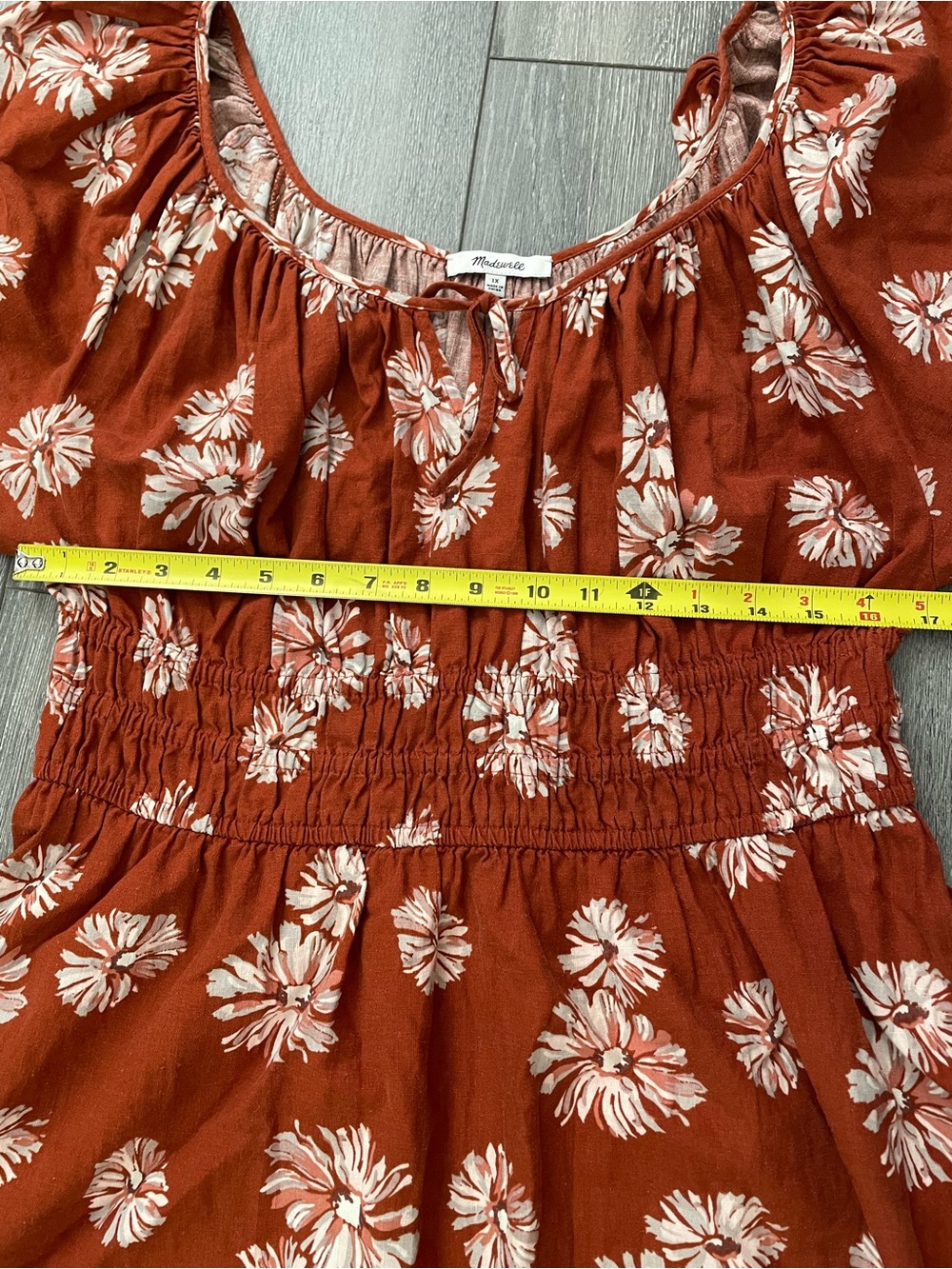 Madewell Sophia Linen-Blend Floral Puff-Sleeve Midi Milkmaid Dress in Rust sz 1X - Picture 10 of 11